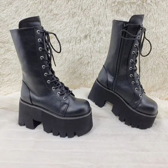 Ashes Black Matte Platform Goth Punk Mid Calf Combat Boots - Picture 2 of 14